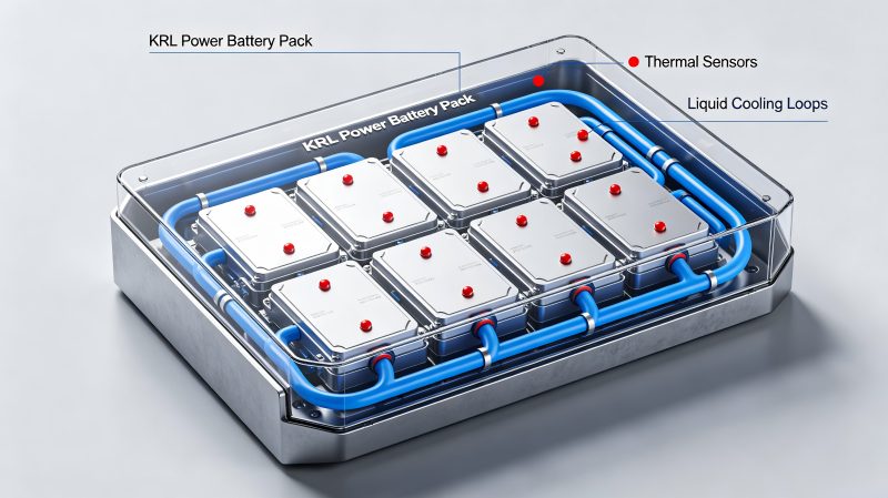 3D schematic of KRL Power battery pack with thermal sensors and liquid cooling loops