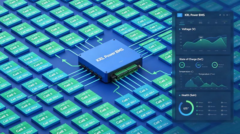 Diagram of KRL Power BMS monitoring hundreds of cells with real-time data analytics
