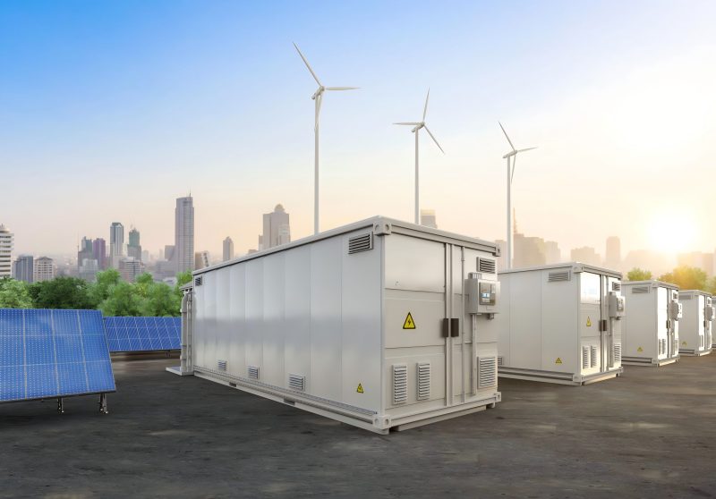 energy storage systems or battery container units with solar and turbine farm