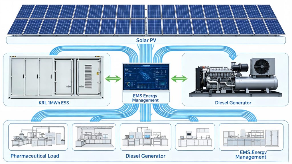 Pharmaceutical Microgrid System Architecture (Solar + ESS + Diesel + Load + EMS)