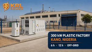 Official KRL-B2M6L container energy storage product reference shown with a Kano, Nigeria plastic factory and six-hour, twelve-hour and off-grid sizing options.