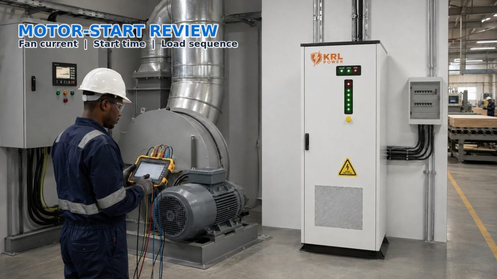 KRL-B100 cabinet beside a central dust-extraction fan motor while an engineer records startup current in a furniture factory