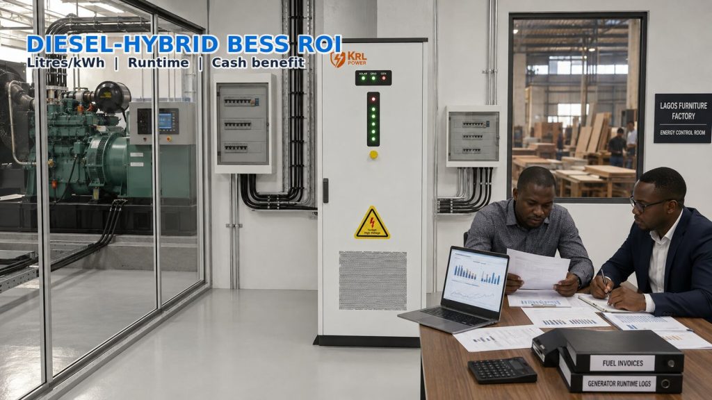 KRL-B100 cabinet between a separated diesel generator room and a Lagos furniture factory finance team reviewing fuel invoices and runtime logs