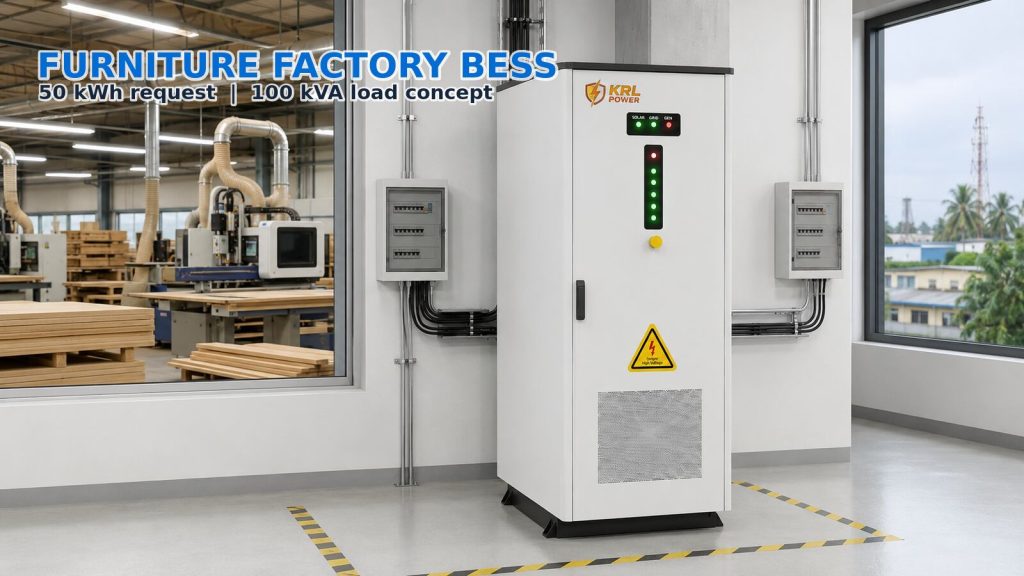 KRL-B100 50 kW and 100 kWh cabinet in a Lagos furniture factory electrical room with woodworking production visible behind a sealed window