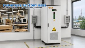 KRL-B100 50 kW and 100 kWh cabinet in a Lagos furniture factory electrical room with woodworking production visible behind a sealed window