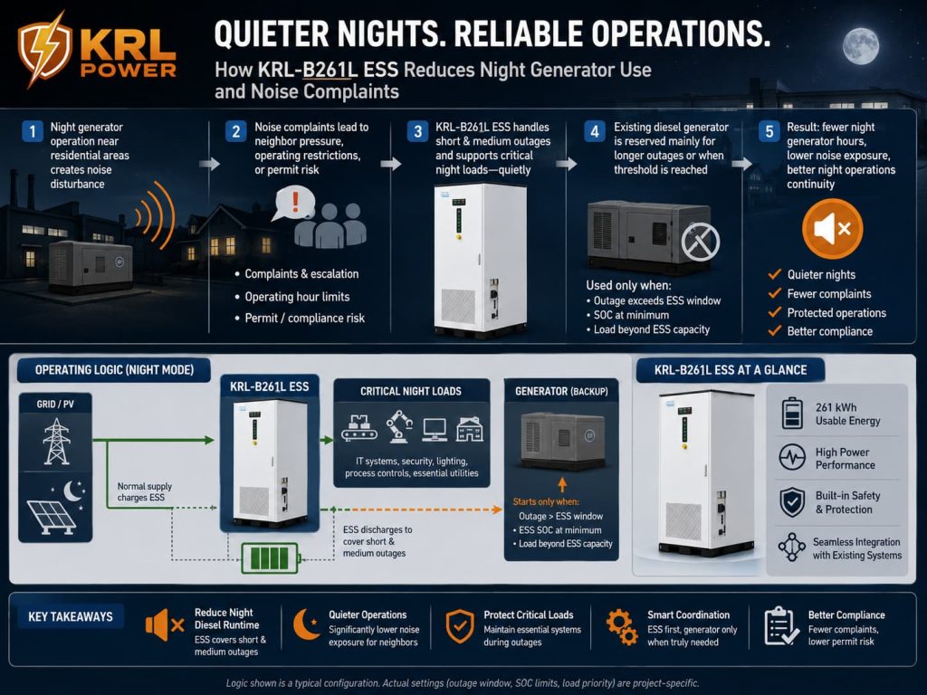 Night operations comparison: diesel generator noise risks versus 125kW/261kWh liquid-cooled ESS benefits.