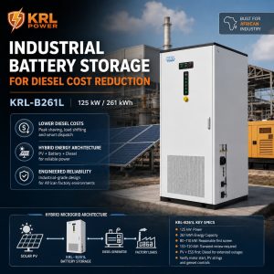 KRL-B261L 125 kW and 261 kWh cabinet in a Nigerian solar equipment room illustrating factory diesel-cost reduction planning