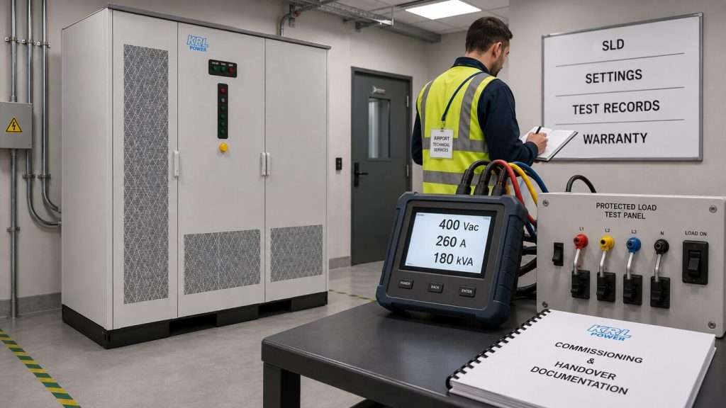 KRL-B522L cabinet beside a power-quality meter showing 400 Vac 260 A and 180 kVA during airport UPS commissioning and documentation handover