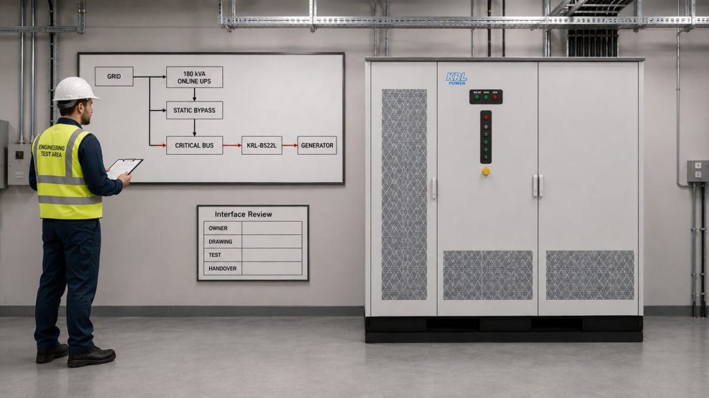 KRL-B522L cabinet beside an interface review board showing grid, 180 kVA online UPS, static bypass, critical bus, generator and KRL-B522L