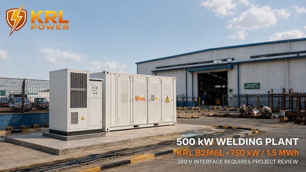 KRL B2M6L 1.5 MWh 750 kW container BESS in a dedicated electrical yard beside a Nigerian 500 kW welding factory