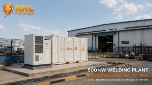 KRL B2M6L 1.5 MWh 750 kW container BESS in a dedicated electrical yard beside a Nigerian 500 kW welding factory