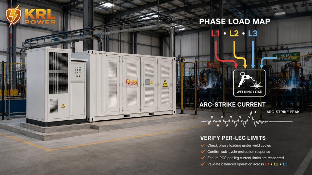 KRL B2M6L container BESS facing forward in a welding factory commissioning bay with L1 L2 L3 phase paths and arc-strike current review graphics