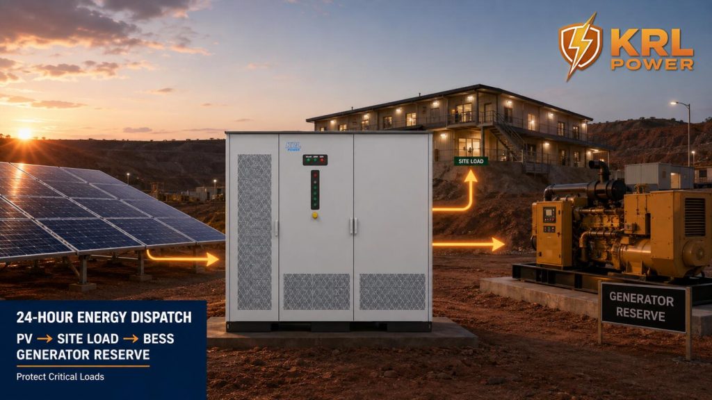 KRL-B522L cabinet coordinating solar panels, a Nigerian mining camp load and diesel-generator reserve during a 24-hour energy dispatch plan