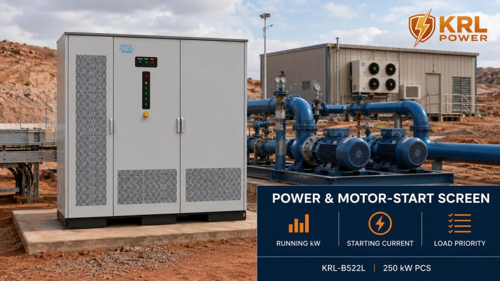 Front-facing KRL-B522L cabinet beside water pumps and HVAC equipment at a Nigerian mine utilities compound for running power and motor-start review