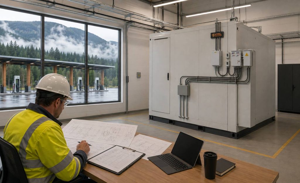 KRL B2M6L container in an indoor Canadian EV charging energy centre while an engineer reviews equipment labels, drawings and certification evidence