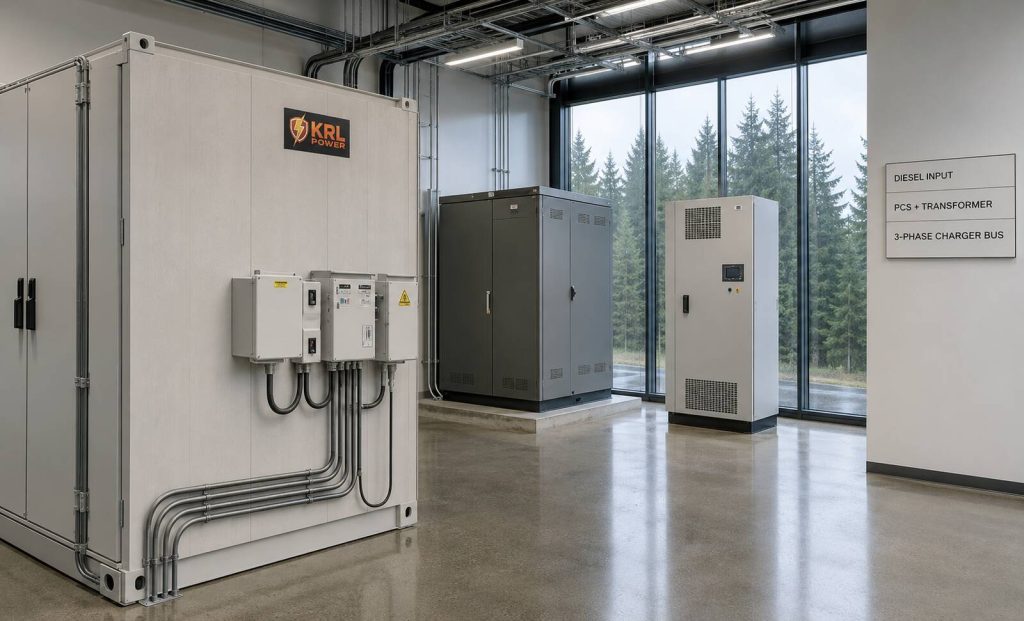 KRL B2M6L energy storage container in a bright Canadian EV charging electrical room beside labelled PCS and transformer scope review equipment