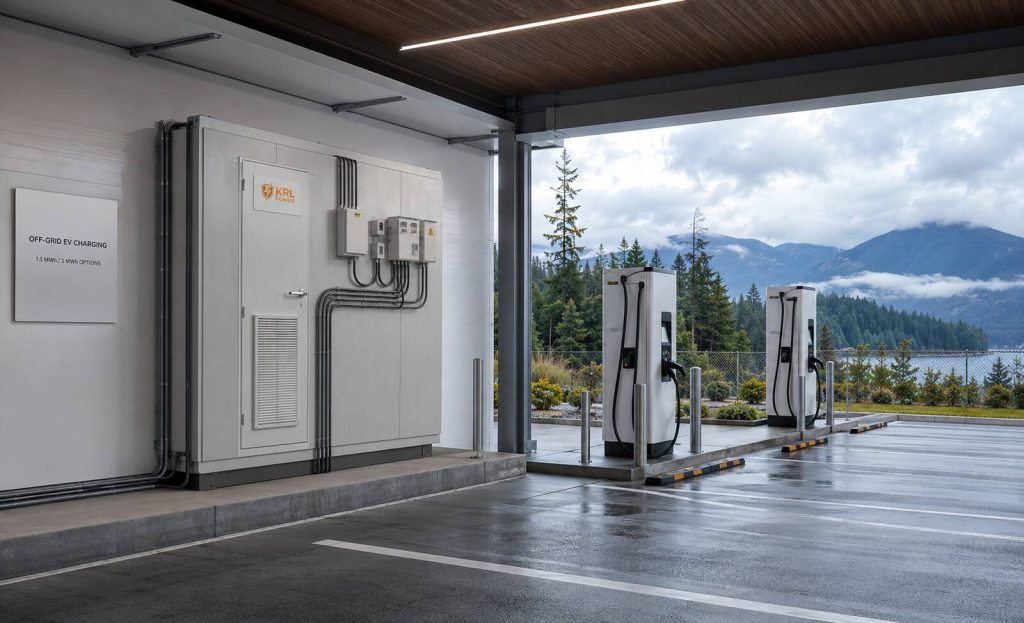 KRL B2M6L energy storage container inside a purpose-built Vancouver EV charging energy centre with British Columbia mountains and evergreen landscape visible beyond the site