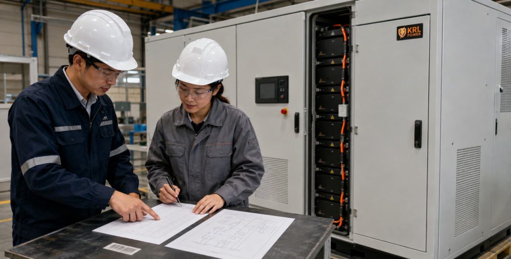 EPC and factory engineers reviewing BESS FAT documents beside a KRL-branded battery energy storage cabinet.