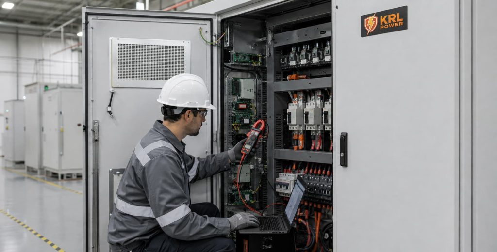 Technician performing an electrical inspection on an open KRL-branded commercial battery energy storage cabinet.
