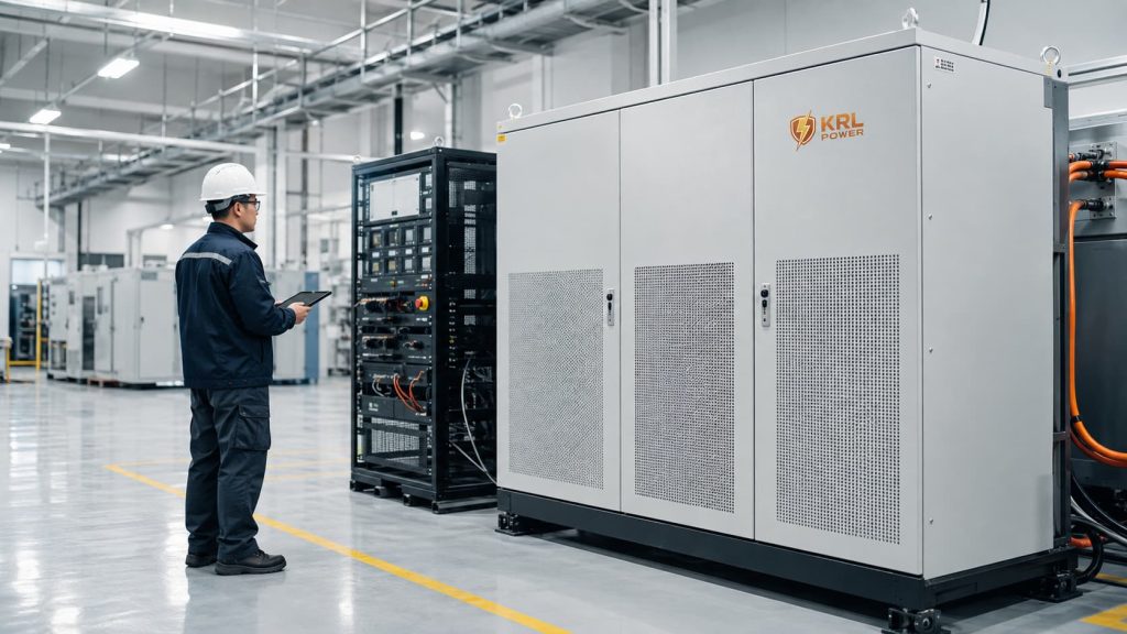 KRL-branded commercial battery energy storage cabinet undergoing a factory acceptance inspection.