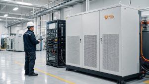 KRL-branded commercial battery energy storage cabinet undergoing a factory acceptance inspection.
