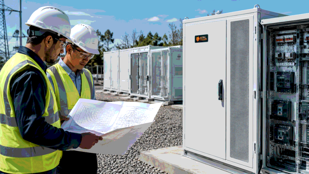 Engineers reviewing protection coordination drawings beside a KRL-branded commercial battery energy storage cabinet