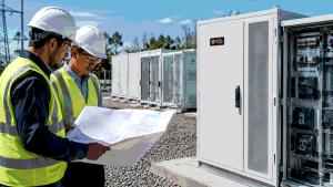 Engineers reviewing protection coordination drawings beside a KRL-branded commercial battery energy storage cabinet