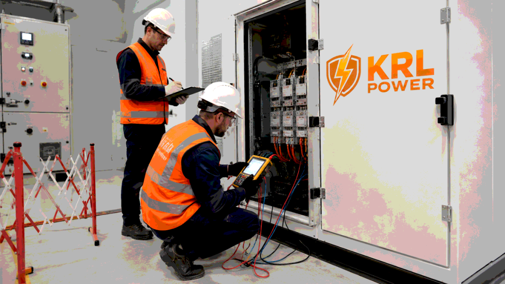 Engineers performing a controlled protection functional test beside a KRL-branded commercial BESS cabinet