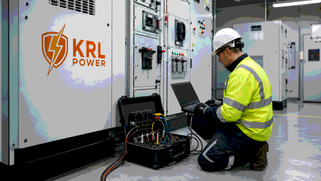 Electrical engineer reviewing relay settings on a KRL-branded commercial battery energy storage system