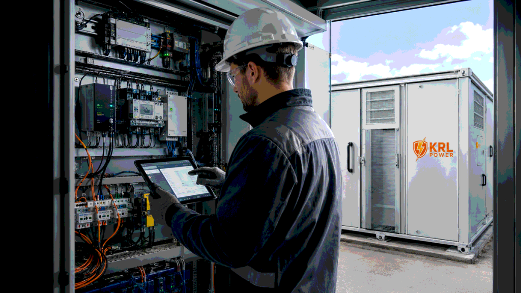 Engineer verifying controls and communications for a KRL-branded commercial BESS retrofit