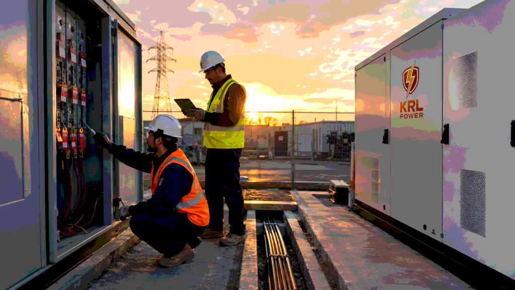 Engineers planning a controlled cutover beside a KRL-branded commercial BESS cabinet