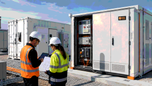 Engineers reviewing retrofit drawings beside a KRL-branded commercial BESS cabinet
