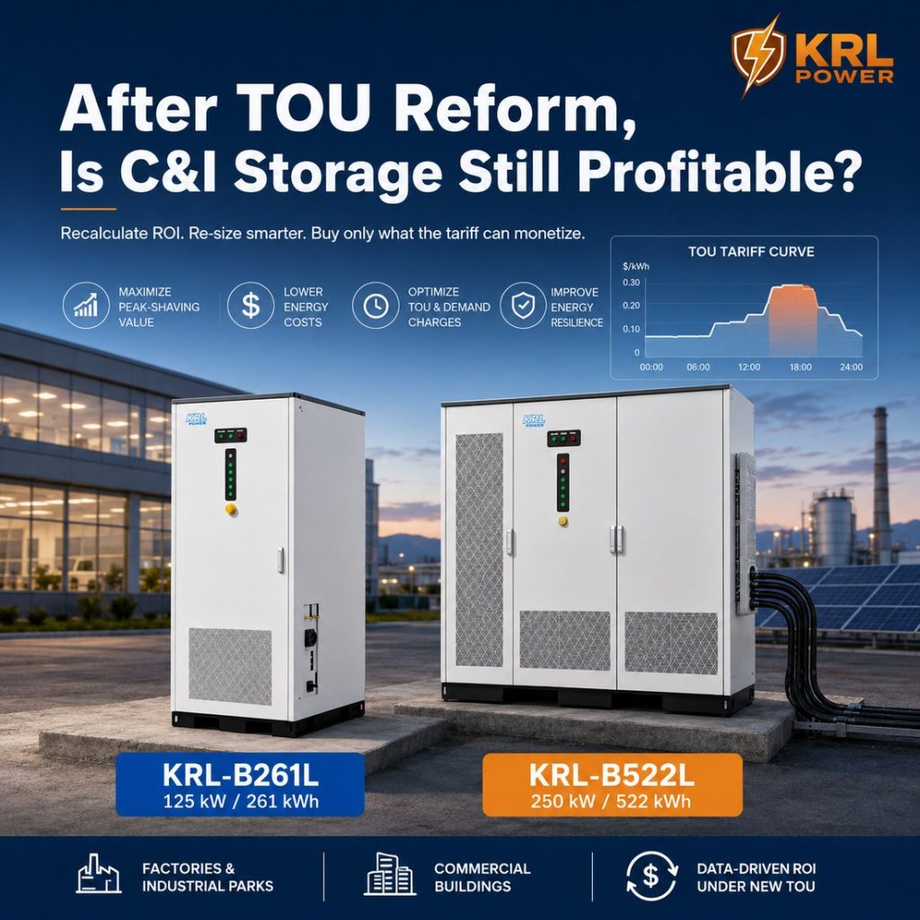 KRL-B261L 125 kW 261 kWh and KRL-B522L 250 kW 522 kWh C&I energy storage systems illustrating ROI recalculation after TOU reform