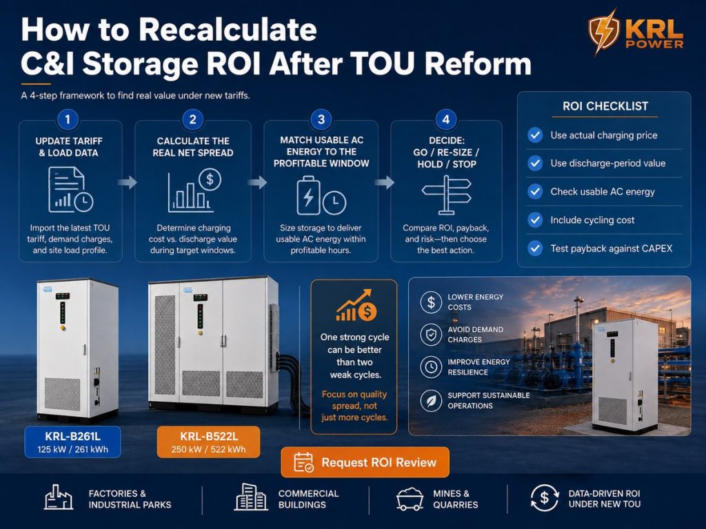 KRL Power C&I storage ROI recalculation framework using tariff data net spread usable AC energy and GO RE-SIZE HOLD STOP decisions