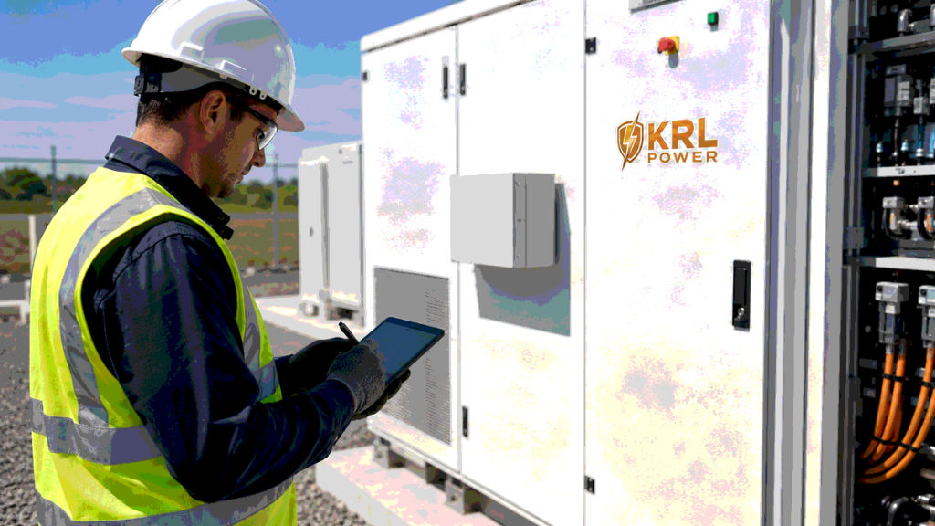 Engineer documenting data and access records beside a KRL-branded commercial BESS cabinet