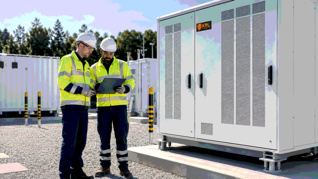 Engineers reviewing a commercial BESS decommissioning plan beside a KRL-branded battery storage cabinet