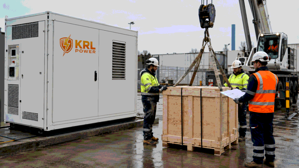 Industrial crew preparing controlled BESS removal logistics beside a KRL-branded battery storage cabinet