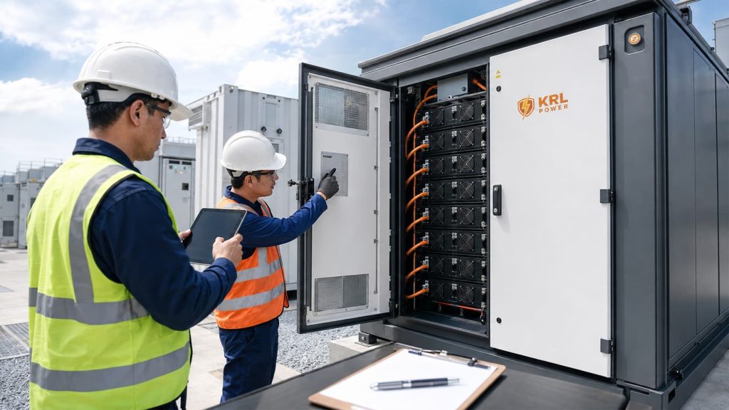 Project engineers documenting equipment condition beside a KRL-branded commercial battery energy storage cabinet for a warranty claim record