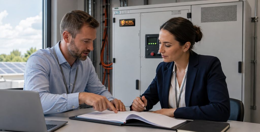EPC professionals reviewing a commercial battery storage warranty agreement beside a KRL-branded battery energy storage cabinet