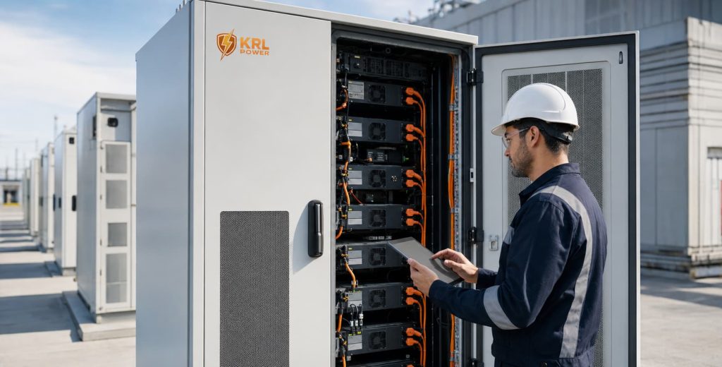 Engineer reviewing service diagnostics on a KRL-branded commercial battery energy storage cabinet