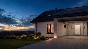 KRL-branded home-battery concept in a solar home, used as an editorial illustration for residential battery safety.