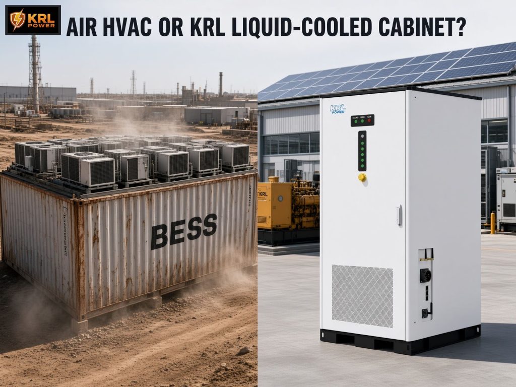 Air-cooled HVAC container compared with a KRL liquid-cooled cabinet on transfer, PV, diesel and cell-temperature checks