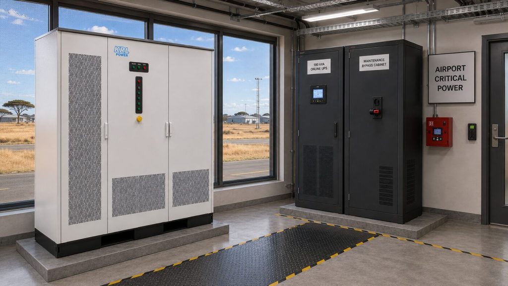 KRL-B522L cabinet and 180 kVA online UPS inside a secure South African airport technical power room with a highveld airside landscape visible through protected windows