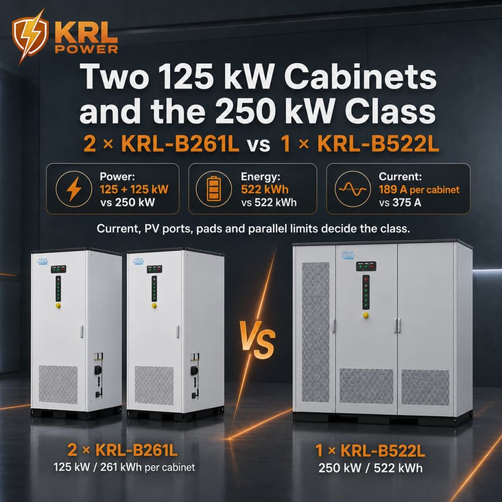 Official KRL-B261L 125 kW 189 A cabinet beside KRL-B522L 250 kW 375 A cabinet