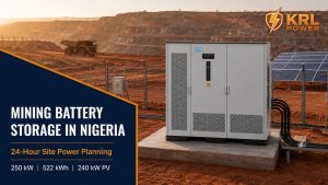 KRL-B522L 250 kW and 522 kWh liquid-cooled energy storage cabinet in a Nigerian open-pit mining power compound with solar panels