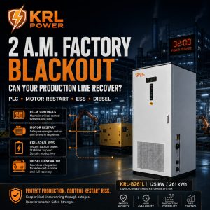 KRL Power night-shift factory blackout cover showing the KRL-B261L ESS, PLC controls, motor restart and diesel-generator support for production-line recovery