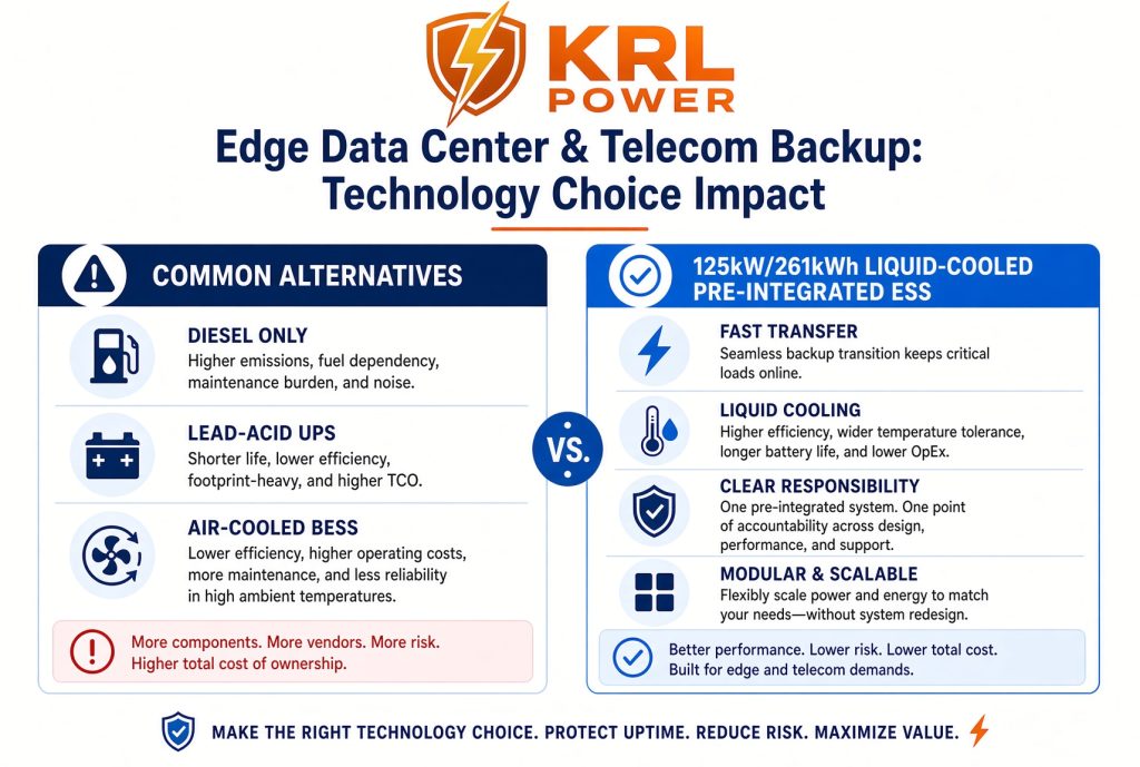Technology choice impact comparison for edge data center and telecom backup: common alternatives versus 125kW/261kWh liquid-cooled pre-integrated ESS.