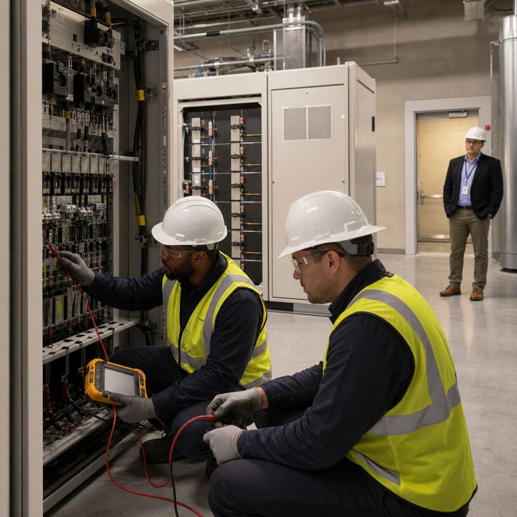 Engineers conducting a controlled hospital battery storage commissioning test