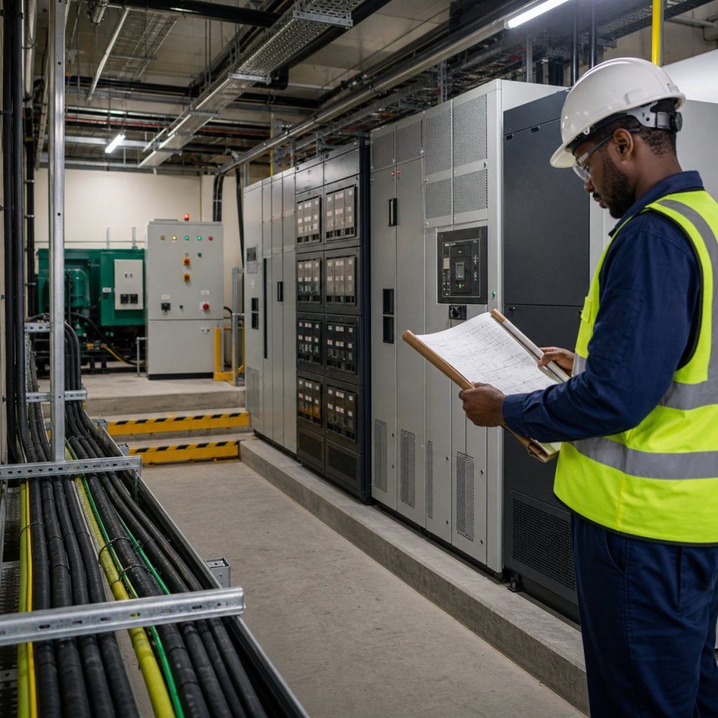 Hospital electrical plant room showing UPS generator and battery storage interfaces