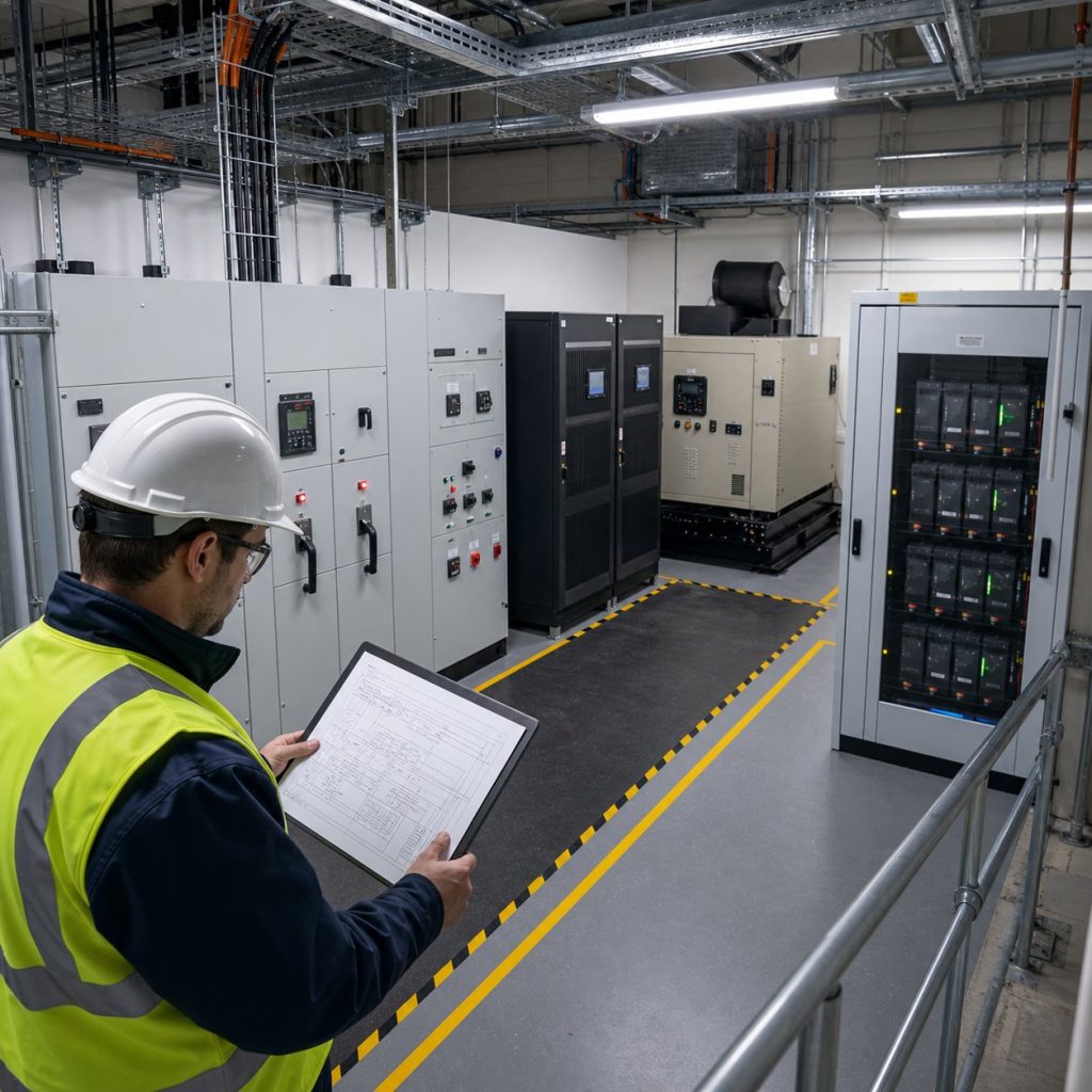 Hospital electrical plant room showing UPS generator and battery storage interfaces